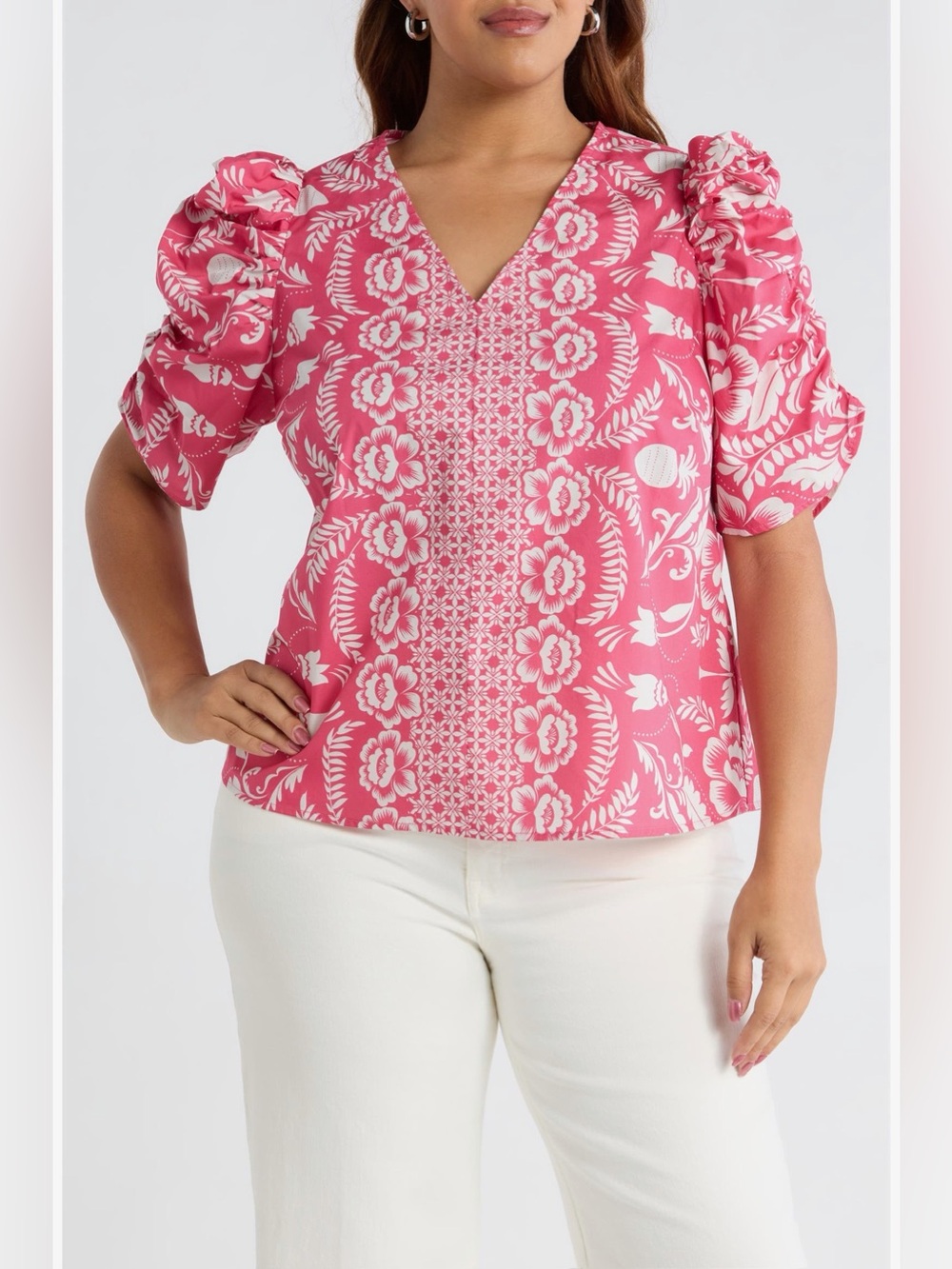 Sugarlips 100% Cotton Rania Floral Chancellor Ruched Sleeve Top Pink White 2XL